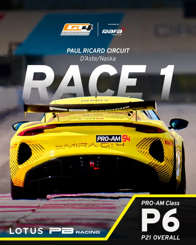 RESULTS FROM RACE 1🔥 Our drivers were able to compete Throughout the race with many other cars, demonstrating a very good pace! 🔝

Due to two time penalties, our Lotus Emira GT4 goes from P4 in the PRO-AM category, to P6. But the positive signs seen in Race 1 will be very important in the development of the @lotuscars Emira GT4🟡

👉See u on track at 16:30 for RACE 2!🔥

#pbracing #lotuscars #albertonaska #naska @stefanodaste @gt4europeanseries #emiragt4 #lotusemira #paulricardcircuit #gt4europeanseries #motorsport #motorsports